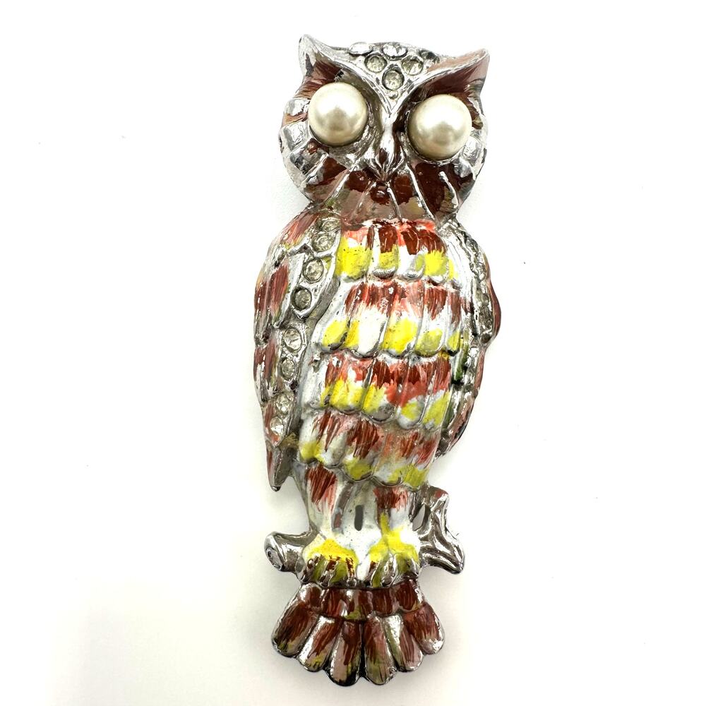 1940s vintage silver tone faux pearls rhinestones enamel owl dress coat fur clip
